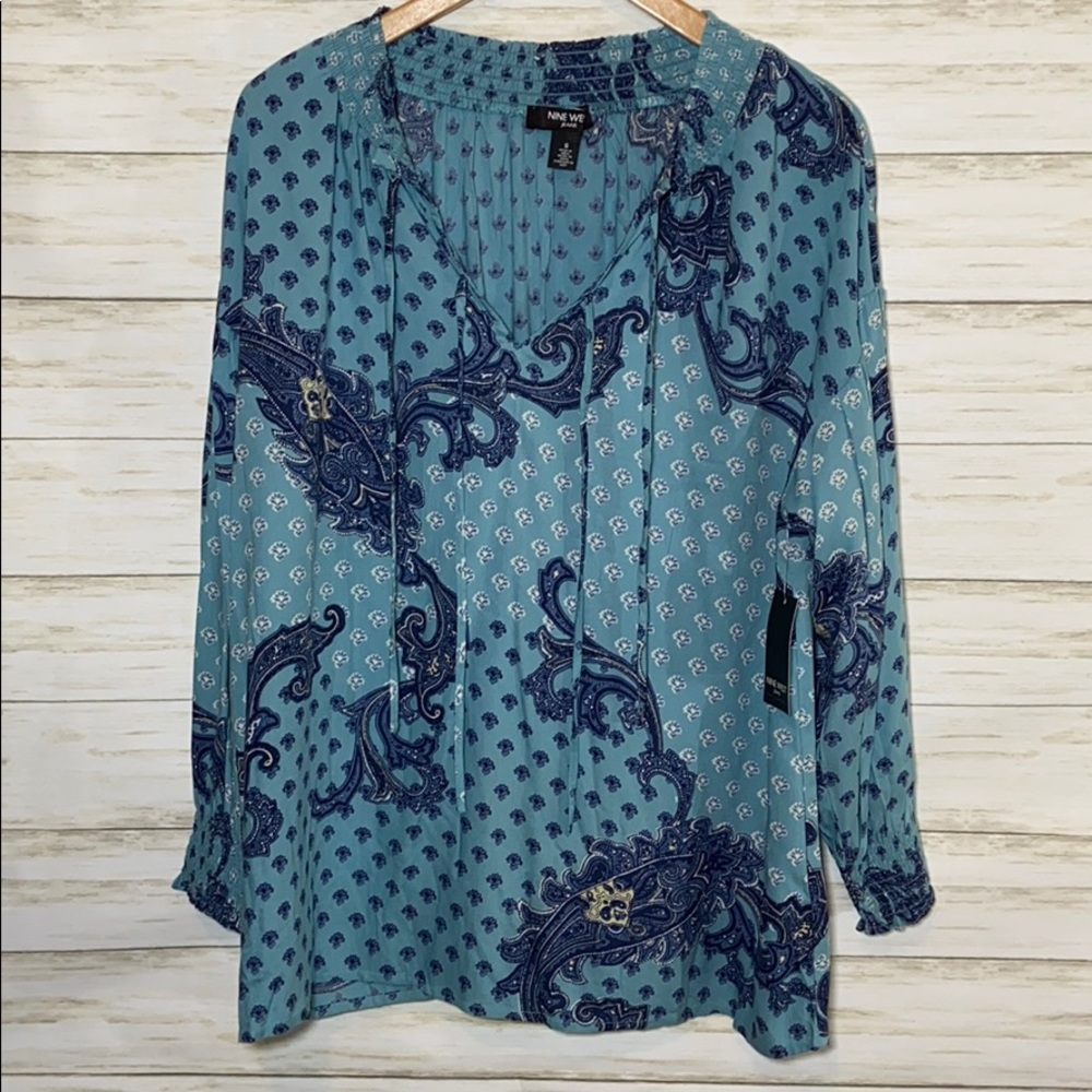 Nine West paisley blue blouse top size small